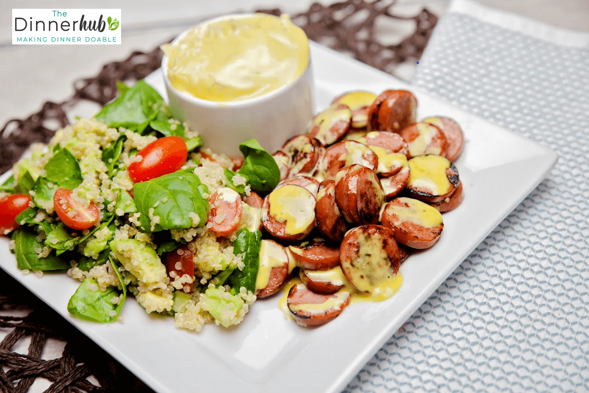 Smoked Turkey Sausage w/ Mustard Sauce and Quinoa Avocado & Tomato Salad